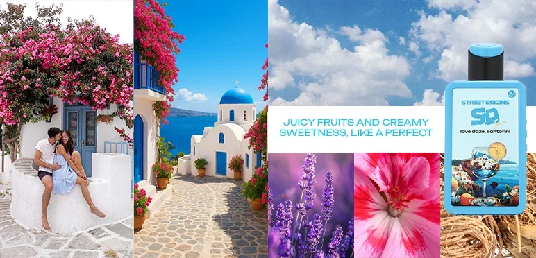 Love Daze, Santorini — juicy fruits and creamy sweetness, like a perfect day in Santorini